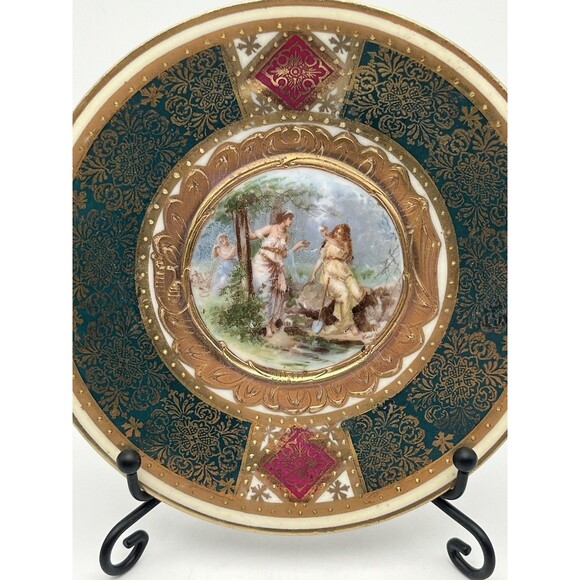 Antique Austrian Royal Vienna Style 9" Hand Painted Porcelain Plate Sappho Gilt - Picture 4 of 7